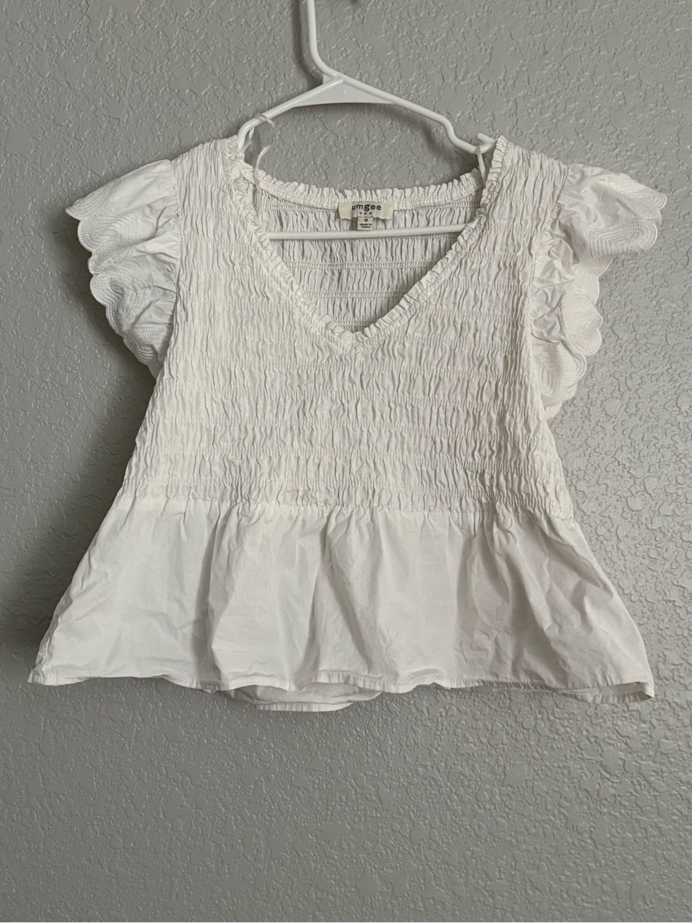 umgee White Smocked V-Neck Flutter heart Sleeve Top